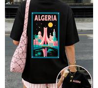 T-shirt femme en pur coton imprimé d'une illustration d'une ville algérienne, coupe ample et décontractée, simple et élégant, style urbain, parfait pour les vacances, ambiance estivale, adapté au quot