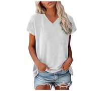 T-Shirt Femme Été Col en V Basique Tee Shirt Décontracté Manches Courtes Ample Tunique Haut Élégante Couleur Uni Doux Chemisier Tee Shirt Long Vêtements de Running(Tee Shirt Long Femme Blanc,L)