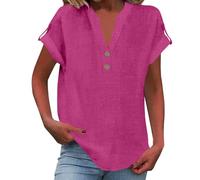 T Shirt Femme Ete Manche Courte Chemisier Grande Taille Été Y2k Blouse Rose Vif Lin uni Mes Commandes Passées Élégant Col V Mode Chic Sport Tee Shirt Blanc Femme Rose Vif M