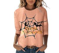 T-Shirt Femme Happy Halloween Imprimé Manches 3/4 Col O Blouse Fluo Jambières, jaune, XXL