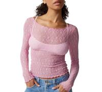 T-Shirt Femme - Haut Court À Manches Longues En Dentelle Pour Femmes, Haut Court En Maille Transparente, Slim, Épaules Dénudées, T-Shirt, Vêtements De Rue Body Amincissant Plat