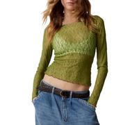 T-Shirt Femme - Haut Court À Manches Longues En Dentelle Pour Femmes, Haut Court En Maille Transparente, Slim, Épaules Dénudées, T-Shirt, Vêtements De Rue Body Amincissant Plat