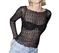 T-Shirt Femme - Haut Court À Manches Longues En Dentelle Pour Femmes, Haut Court En Maille Transparente, Slim, Épaules Dénudées, T-Shirt, Vêtements De Rue Body Amincissant Plat