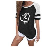 T-Shirt Femme Manches Courtes col Rond Color Block, Blouse Patchwork Tendance, Imprimé Cœur et Notes de Musique, Coupe Ample et Confortable, Idéal pour Les Professeurs de Musique, La Saint-Valentin