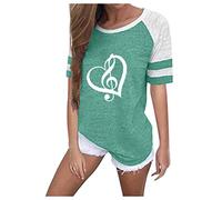 T-Shirt Femme Manches Courtes col Rond Color Block, Blouse Patchwork Tendance, Imprimé Cœur et Notes de Musique, Coupe Ample et Confortable, Idéal pour Les Professeurs de Musique, La Saint-Valentin