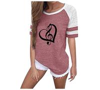 T-Shirt Femme Manches Courtes col Rond Color Block, Blouse Patchwork Tendance, Imprimé Cœur et Notes de Musique, Coupe Ample et Confortable, Idéal pour Les Professeurs de Musique, La Saint-Valentin