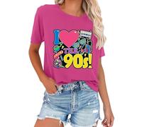 T-shirt femme manches courtes col rond I Love The 90s Impression graphique années 90 Haut de fête à thème rétro vintage décontracté T-shirt d'été basique T-shirt de loisirs Coton Confortable Coloré