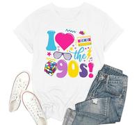 T-shirt femme manches courtes col rond I Love The 90s impression graphique rétro vintage fête à thème t-shirt été haut décontracté coloré déclaration musique cassette cube années 90, Stil-f04 Blanc