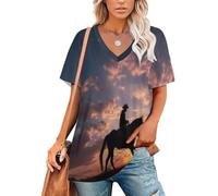 T-Shirt Femme Manches Courtes Silhouette De Cowboy Cavalier Haut Été à Col en V Paysages De Ranch De L'Ouest Tee Shirt Basiques Décontracté Chemisier Chic et Élégant Blouse Tops S-5XL