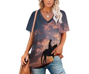 T-Shirt Femme Manches Courtes Silhouette De Cowboy Cavalier Haut Été à Col en V Paysages De Ranch De L'Ouest Tee Shirt Basiques Décontracté Chemisier Chic et Élégant Blouse Tops S-5XL
