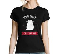 T-Shirt Femme - Mon Chat | C'est ma Vie - Humour Drôle - Manches Courtes - Coton Bleu S