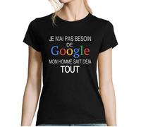 T-Shirt Femme - Mon Homme Sait déjà Tout - Col Rond - Manches Courtes - Coton Noir S