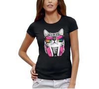 T-shirt Femme - PIXEL EVOLUTION - Chat avec des lunettes de soleil - Coupe ajustée - 100% Coton S