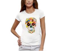 T-shirt Femme - PIXEL EVOLUTION - CRANE FLEURI - Tete de mort en fleurs - Coupe ajustée - 100% Coton L