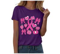T-Shirt Femme Ruban Rose de Sensibilisation au Cancer du Sein d'Octobre T-Shirt avec Ruban Rose Imprimé Vêtements De Cancer du Sein Grande Taille Col Rond Tops Manches Courtes Tee(1-Purple, M)