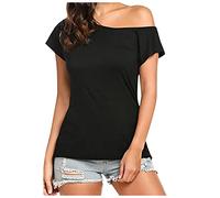 T-Shirt Femme Sexy- Tunique Épaules Dénudées Femme Grande Taille-Haut Femme Chic Et Elegant Solide Classique Tops Basique Manche Courte Irrégulier Chemise de Mode Comfy Blouses