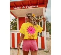 T-shirt femme, style de rue décontracté, t-shirt graphique à manches courtes, Top d'été mignon rose, short, chemise à vibrations heureuses, tenue de vacances pour femmes, tenues d'été pour femmes, hau
