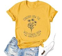 T-Shirt Femme, Tee Shirt | Col Rond Manches Courtes Revers Imprimé Fleurs Dessin + Texte Consider How The Wild Flowers Grow avec Référence Luke 12:27" | Style Casual pour Ville, Quotidien, Sorties