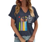T-Shirt Femme, Tee Shirt Col V Imprimé | Coupe Ample Manches Courtes, Motif Bras Levés, Cœur et Signe Paix, Texte Imagine All The People Living Life in Peace | Style Message, Sortie, Casual