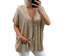 T Shirt Femmes à Manches Courtes Col V Brillant Métallisé Glitter Grande Taille élégantes de Base Paillettes Haut décontracté Brillante Sequins Ample Shirt Party