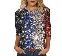 T Shirt Femmes Brillant Métallisé Glitter Manche 3/4 Chemise Paillettes Grande Taille Dégradé de Couleur Blouse Coupe Ample Casual Tunique Club Fête Tops Décontracté Brillante Sequins Étincelle