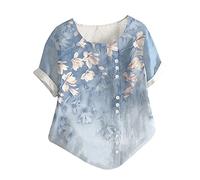 T-Shirt Femmes Imprimé Floral à Boutons Chemisier D'été Manches Courtes Coton et Lin Décontracté Col Rond Blouses Chic et élégant Hauts Polyvalente Confortable Doux Coupe Ample Tops Tendance