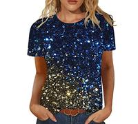 T Shirt Femmes Manche Courte à Col V Brillant Métallisé Glitter Grande Taille Confortables de Base Paillettes Haut des Années 70 Brillante Sequins Style Disco Tunique Haut Party
