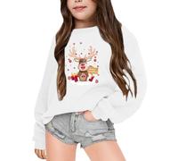 T-shirt fille 140 avec motif de Noël manches longues pour l'hiver, col rond, pour garçons et filles, plus manteau à capuche en polaire chaude, trousse de maquillage, Blanc., 5-6 ans