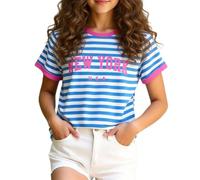 T-Shirt Fille Rayures Contrastées Col Liseré Manches Courtes Ajusté | Bords Côtelés Sur Top, Tee Enfant, Esprit Marin De Haut, Blouse Fillette, Pour Les Parcs De Loisirs Et La Plage