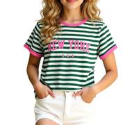 T-Shirt Fille Rayures Contrastées Col Liseré Manches Courtes Ajusté | Bords Côtelés Sur Top, Tee Enfant, Esprit Marin De Haut, Blouse Fillette, Pour Les Parcs De Loisirs Et La Plage