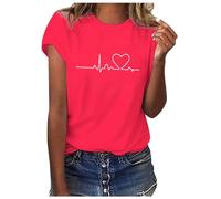 T-shirt floral pour femme, col rond, décontracté, doux, manches courtes, élégant, imprimé, confortable, à manches courtes, léger, pour les loisirs, le sport, rouge, S