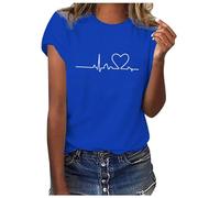 T-shirt floral pour femme - Col rond - Décontracté - Doux - Manches courtes - Élégant - Imprimé - Confortable - Manches courtes - Léger - Pour les loisirs - T-shirt de sport 2025, bleu, L