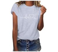 T-shirt floral pour femme - Col rond - Décontracté - Doux - Manches courtes - Élégant - Imprimé - Confortable - Manches courtes - Léger - Pour les loisirs - T-shirt de sport 2025, gris, XL