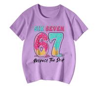 T-shirt garçon 2026 T-shirts garçons et filles avec imprimé graphique, manches courtes, cool 67 six six sept lettres, col rond uni noir, lilas, 6-7 ans