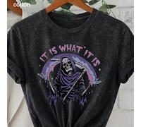 T-shirt grande taille décontracté couleur sombre avec imprimé graffiti de la faucheuse et lettres, col rond, manches courtes, top de vacances printemps été automne noir 0XL,1XL,2XL,3XL,4XLHalloweenTis