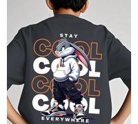 T-shirt graphique ample pour adolescents garçons, style de rue avec imprimé lapin, slogan "STAY COOL EVERYWHERE", décoration de lettres "COOL" répétées, streetwear décontracté 6Y,7Y,8Y,9Y,10Y,4Y,5Y,14