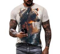 T-shirt graphique amusant pour homme avec imprimé arbre animal col rond manches courtes chemise légère mode vêtements d'été à porter au quotidien, Grizzly des montagnes pendant la saison de chasse