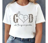 T-shirt graphique avec cœur et slogan "AVEC DIEU TOUT EST POSSIBLE" - T-shirt graphique pour femmes L,M,S,XL,XXLCœur,SloganTissu tricoté
