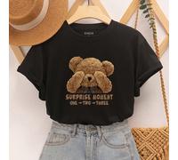 T-shirt graphique avec ours et slogan "MOMENT SURPRISE UN DEUX TROIS" Hauts à imprimé graphique pour femmes L,M,S,XSCartoon,SloganÉtoffe