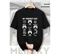 T-shirt graphique de loisirs pour hommes - Mon design parfait avec des symboles de jeux vidéo et de nourriture, t-shirt d'été respirant à manches courtes, rouge, pour le port casual, T-shirt de gamer 