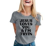 T-shirt graphique « Easter Jesus Loves You Christians and I'm Tryin » - Pour femme - Religieuse - Esthétique - Streetwear, gris, L