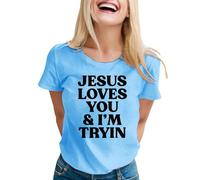 T-shirt graphique « Easter Jesus Loves You Christians and I'm Tryin » - Pour femme - Religieuse - Esthétique - Streetwear, bleu clair, L