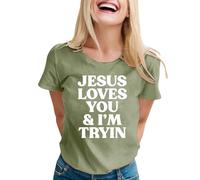 T-shirt graphique « Easter Jesus Loves You Christians and I'm Tryin » - Pour femme - Religieuse - Esthétique - Streetwear, Vert, L