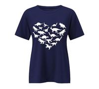 T-shirt graphique pour femme avec cœur dinosaure, haut avec silhouettes de saurier, charmant t-shirt pour les fans de mondes préhistoriques, Style_r02 bleu marine, S