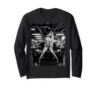 T-Shirt Graphique Sexy Fille Blonde Sexy et accordeur Voiture JDM Noir et Blanc Manche Longue