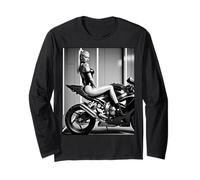 T-Shirt Graphique Sexy Fille - Modèle Sexy Blonde sur Moto Noir et Blanc Manche Longue
