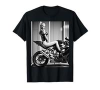 T-Shirt Graphique Sexy Fille - Modèle Sexy Blonde sur Moto Noir et Blanc T-Shirt
