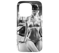 T-Shirt Graphique Sexy pour Fille - Cyberpunk AR Girl & Exotic Car BW Coque pour iPhone 15 Pro