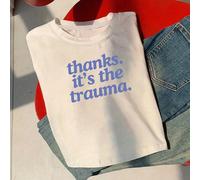 T-shirt graphique style Y2K "Merci c'est un traumatisme" pour femmes - manches courtes, col ras-du-cou, convient à la mode du printemps, de l'été et de l'automne L,M,S,XL,XSLettres,SloganTissu tricoté
