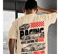 T-shirt graphique surdimensionné pour garçons, imprimé de ligne d'art de voiture de course, slogans "COURSE" et "LA VITESSE EST LA FOI", coupe décontractée ample, pour la rentrée scolaire, porter en é